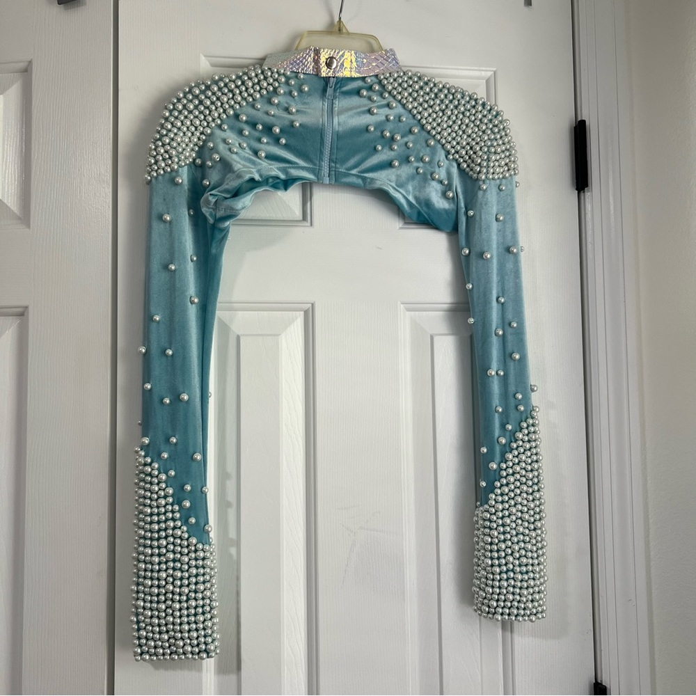 Jackalope Land Daydream Pearl Long Sleeve Baby Blue Iridescent Ultra Crop Top z0 - Picture 6 of 16